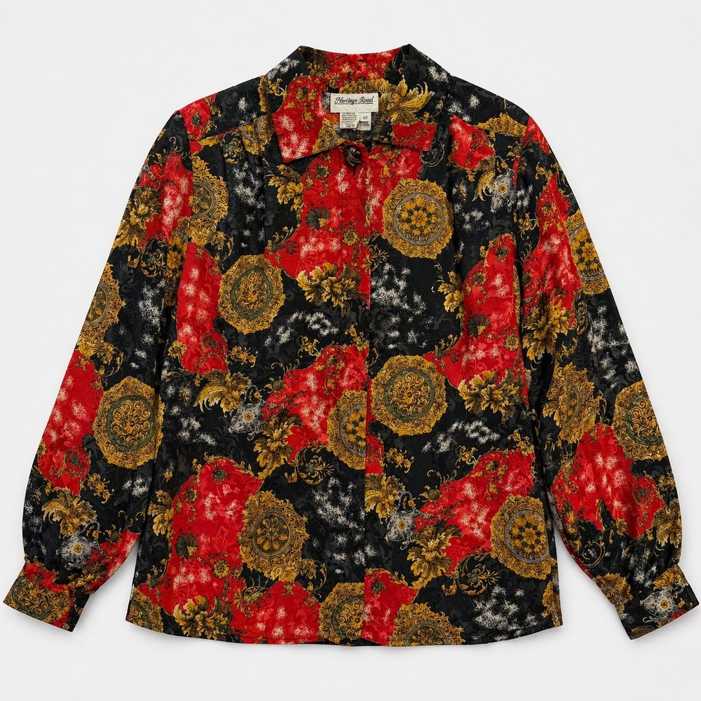 Vtg Baroque Medallion Pleasures Art to Wear Blouse Button Up sz 12 Heritage Road